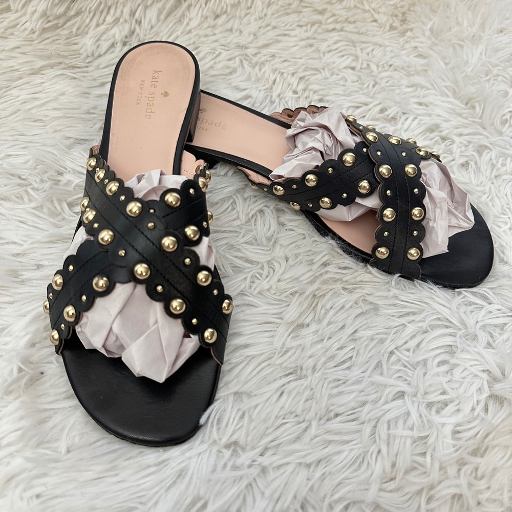 Kate Spade Faye Cross Strap Studded Leather Sandals in Black sz 9.5 M - Picture 1 of 7